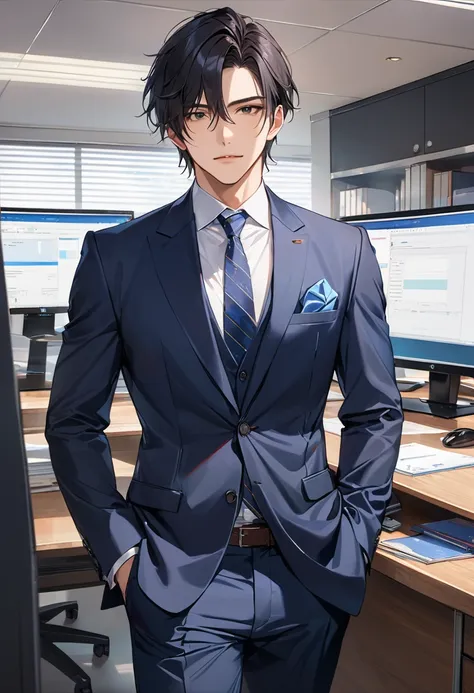 masterpiece), (best quality), (highly details), (8k resolution), (best quality),male、25歳のmale一人、office、suit、black hair、i&#39;m w...