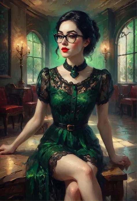 Sitting, legs crossed. ((ultra realistic illustration:1.3)),  Beautiful 24 yo woman of Irish descent. athletic figure,(pale:1.4)complexion. raven black hair, green eyes, cute butt, nice legs. Kind eyes,(joy:1.3),(smile:1.2). Sunglasses, Red lipstick, sheer...