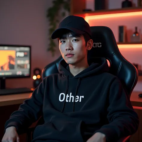 A handsome white Korean man sitting on a gaming chair wearing a dark black polite hoodie while wearing a black ball cap with a name on the hoodie " other  "