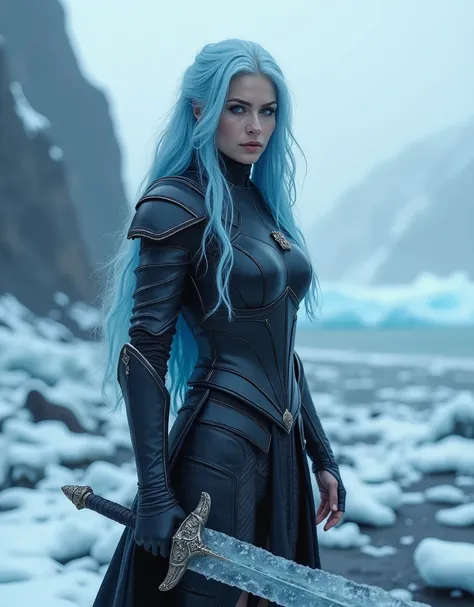 real photo, realistic scene. Woman of Greek mythology, long blue-white hair, with blue eyes, wearing a suit made of black armor, holding an ice sword, blurring the background to create a three-dimensional effect, the atmosphere, standing on a volcanic isla...