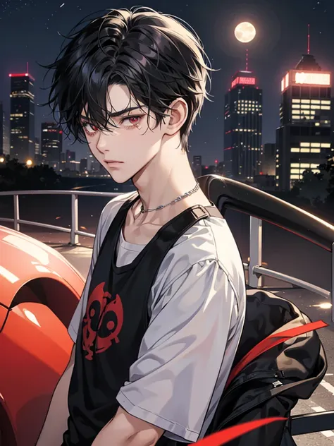 a anime boy with red eyes, black wavy short hair. he thin. Background in city. he is male wear t shirt. His hair is thick and full of volume, giving off a slightly messy yet effortlessly cool vibe, short hair. sexy boy. and wearing a necklace and black cho...