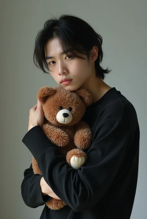 young Korean man, long hair, looking at the camera, black long-sleeved t-shirt, hugging a teddy bear
(realismphoto)