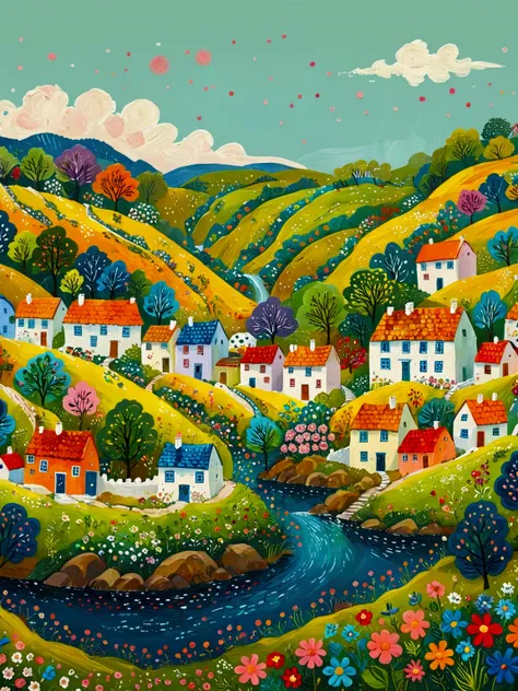 a painting of a village with a river and houses on a hill, a storybook illustration by Bohumil Kubista, featured on behance, naive art, colorful illustration, cottage town, colorfull illustration, colorful kids book illustration, editorial illustration col...