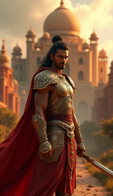 A extremely masterpiece 8k 3d animation image of a very beautiful and handsome charming Mahabharat Yoda karan image with very beautiful orange castle background 