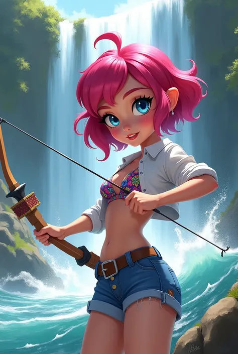 Alix Kubdel - Miraculous Ladybug with pink, short and wavy hair with small chest and blue eyes. She is on a waterfall with a white shirt and denim shorts with a bikini underneath and has a bow and arrows