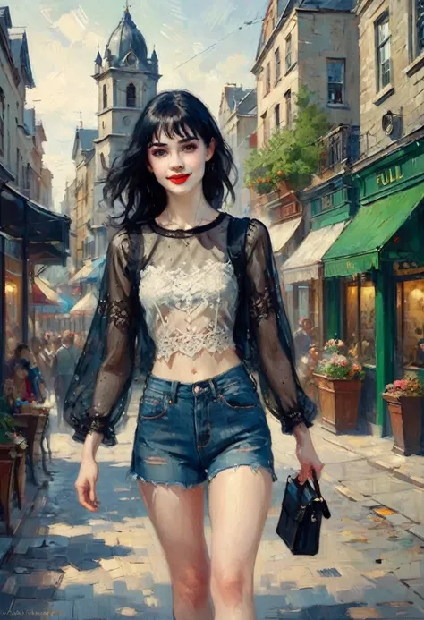 (full body:1.4).  Beautiful 24 yo woman of Irish descent. athletic figure,(pale:1.4)complexion. raven black hair, green eyes, cute butt, nice legs. Kind eyes,(joy:1.3),(smile:1.2). Red lipstick, sheer lace top, skinny jeans, sandals. Flirty.