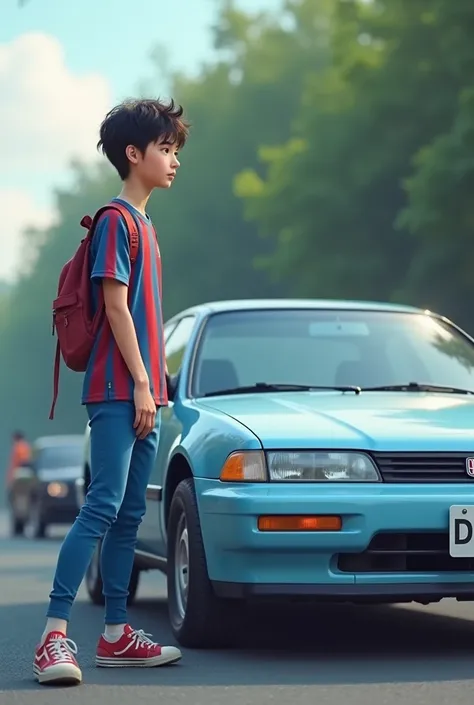 Light blue 1992 Honda Accord with a  black haired teenager next to it wearing blue pants and a Barcelona shirt 
