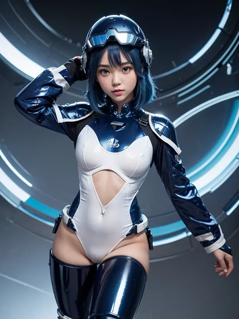 (masterpiece, highest quality, highest resolution, distinct_image, detailed details): (Solo, lone girl, Japan face, blue haired girl, short cut, full body figure, small size breasts, sparkling blue colored eyes, pilot suit in metallic white and blue color,...