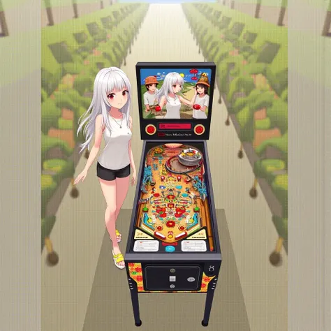 pinball machine，leisure farm，wearing a swimsuit、Anime girl in white shirt and black shorts, trending on Pixiv, top rated on Pixiv, popular on pixiv, Pixiv, Pixiv style, at Pixiv, Pixiv trending, Anime cute art style, Pixiv daily ranking, white hair, trendi...