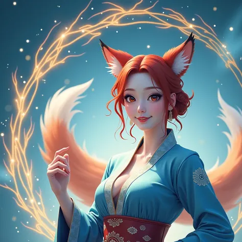 (best quality,4k,8k,highres,masterpiece:1.2),ultra-detailed, Chinese fox spirit Su Daji, red hair, blue traditional Chinese dress, HDR, 8k, absurdres, cinestill 800, sharp focus, (solo woman) (intricate detail)),(((realism))), HDR, 8k, absurdres, cinestill...