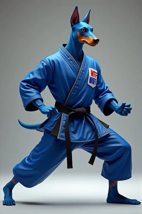 A anthropomorphic blue Doberman. Wearing a Mooto Korea Taekwondo WT Logo Tabek High Dan Poomsae Uniform. Doing a martial arts pose. 