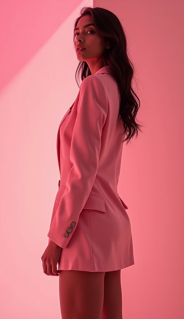 A simple elegant poster with title "AI INFLUENCER MASTERY" with beautiful Indias girl with body goal with blazer in the middle of poster with pink dominant color. Make the girl a half body.