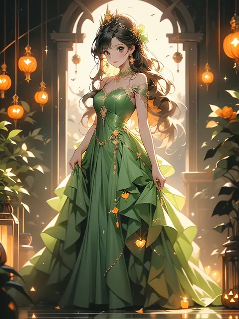 High image quality　High degree of thawing　8k　Halloween Dress　green　orange　black　Various colors　Virtual Dress　Girl wearing　Shiny and light long hair　Sparkling and Shining　Standing in full body　When I opened the front door　A wicker basket filled with scatter...