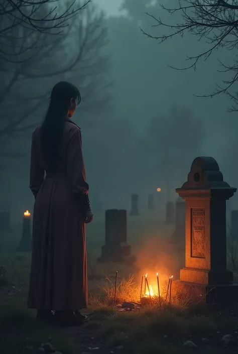 Person burning your memories in the cemetery with his back on the grave with daylight candles