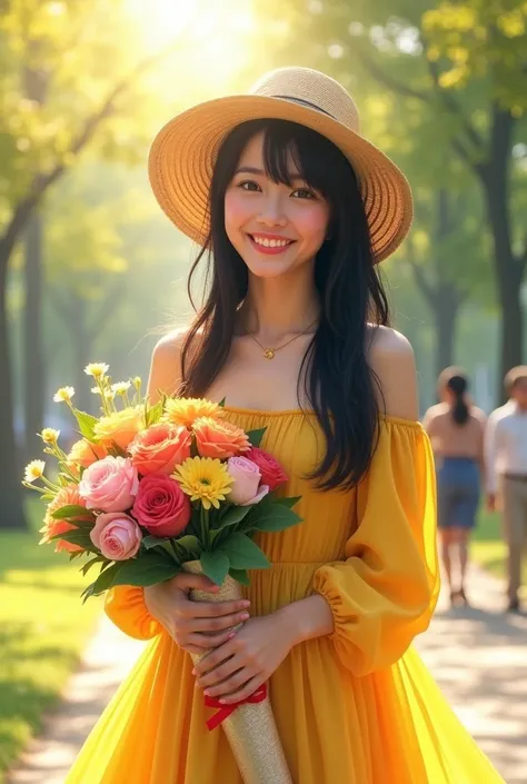 Prompt: "A young woman
with long, straight, jet-black
hair, smiling with happiness.
She is wearing a
wide-brimmed hat and a long
yellow dress, holding a large,
colorful bouquet of flowers
wrapped with ribbons and
gift paper. The woman
stands in a public pa...