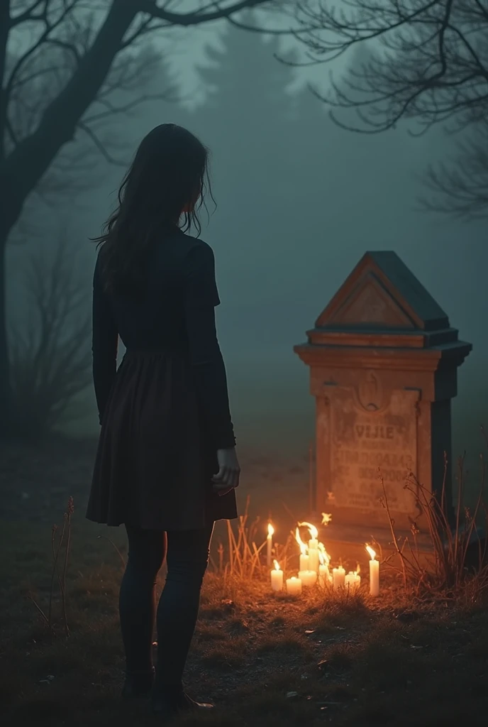 Person burning your memories in the cemetery with his back on the grave with daylight candles