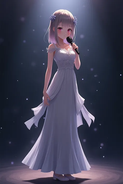 Anime girl pose standing holding a mic, high, santai, wearing a dress, mature, full body, front camera, facing left, from head to toe, layer, it&#39;s late at night
