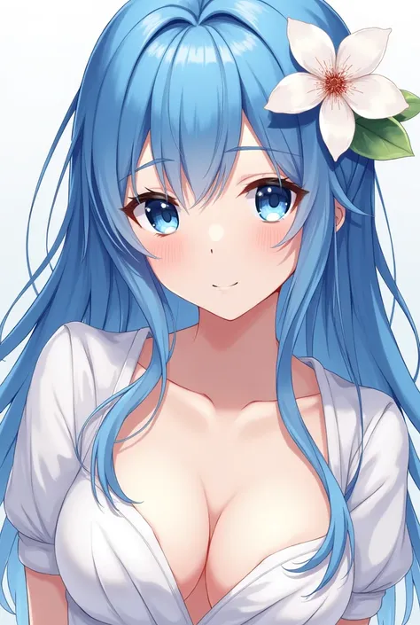 1girl, Detail, Blue Hair, Breasts, Blue eyes, Blue eyes, Simple background, Hair Ornament, Bloom, Anime, 