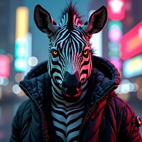 Cyberpunk humanoid zebra gangster, detailed face, HD, 8K, masterpiece, award-winning, realistic, hyper-detailed, dramatic lighting, dark moody atmosphere, neon city background, intricate futuristic clothing, intense gaze, depth of field, photorealistic