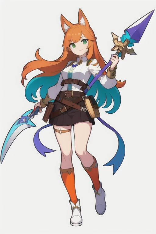 (((Best Quality))) , ((full body)), female, high fantasy outfit, solo, (white background), holding weapon, belt, blue, orange, green, violet, brown, white,
