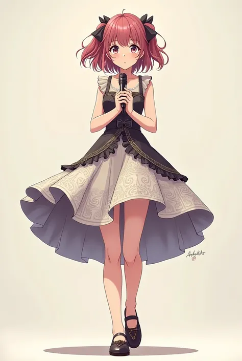 Anime girl pose standing holding a mic, high, santai, wearing a dress, mature, full body, front camera, facing left, from head to toe, layer, berbadan high
