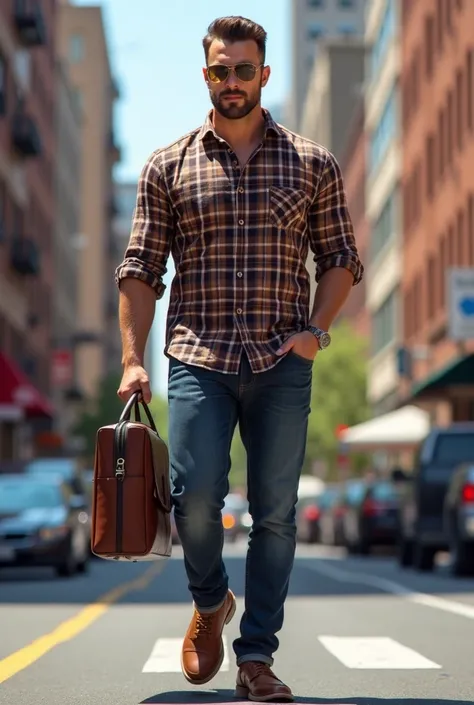 handsome attractive man, muscular in casual clothing, spectacular fashion plaid oxford shirt, with a briefcase in his hand on the street 