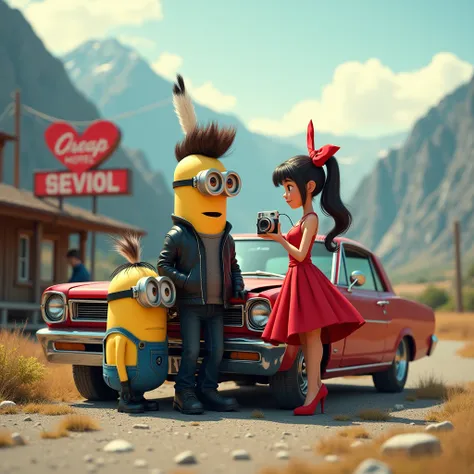 In front of a cheap looking hotel deep in the mountains, the headlight of a red Pontiac broke.、The headlight frame is missing. The Pontiac is broken. There is a Minion with a pompadour. There is a girl with a ponytail. The Minion is wearing a leather jacke...