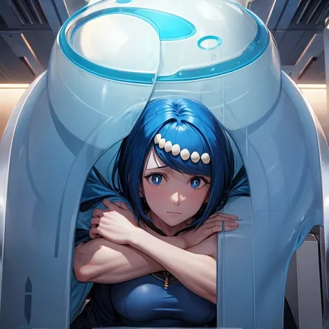 A woman with a growing penis　Hugging the machine from above　Blue Hair