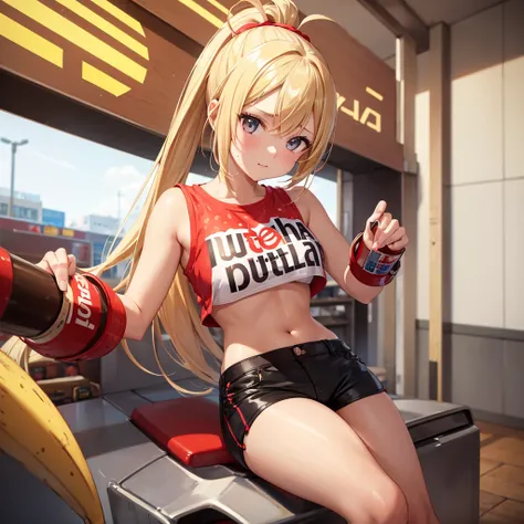 1 girl, Blonde hair, Ponytail, Wearing a white crop top with the word Nutella printed in red letters. ,Wear tight black shorts,Riding a big high-resolution banana, Banana Rocket