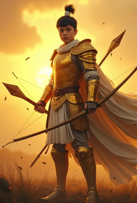 Young man with short hair (Traditional) (White skin) Mace Weapon(gold), Wear armor that fits well., เกราะสีgoldเรืองแสง, ((Glow Armor)) and Traditional white (Doti). Full-body shot on the battlefield. The sun is behind. ((long : 0.3)) Black hair. พลังสีgol...