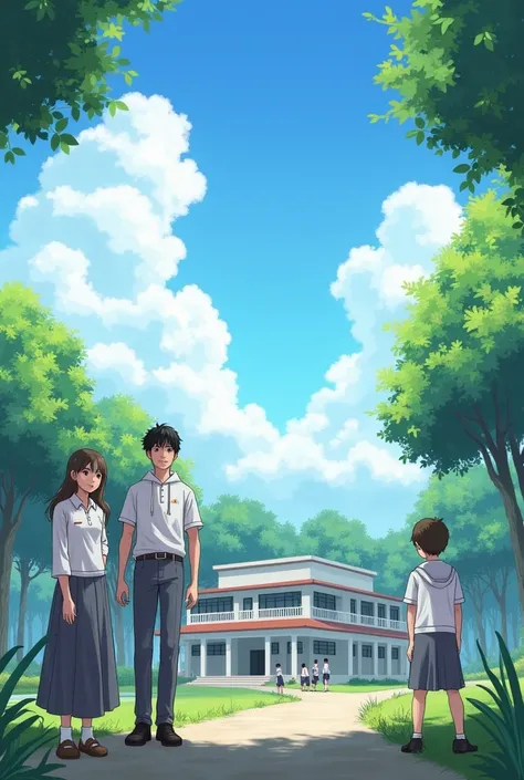 Describe the blue sky full of clouds and trees around SMK NU 1 Adiwerna and its students who are wearing school uniforms with long-sleeved white tops for female students and long gray skirts. ,white hooded for male students wearing a school uniform with a ...