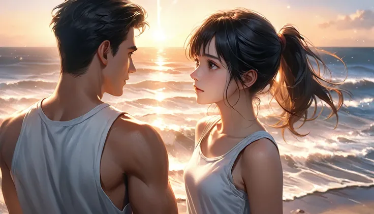  Digital Art, 8k, Octane Rendering, masterpiece,Best Quality, Realistic, Physically Based Rendering, (Golden Ratio), Anime Couples,Youth 1 person, 1 girl, Affectionate, Detailed Hair, Detailed face, Fine grain, A young man with short black hair, Brown-eyed...