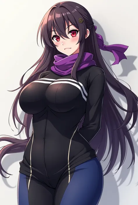 Create a 2d anime style animated girl with a semi big butt and tits that has a purple scarf with a normal black blouse with white stripes and black and blue pants with red eyes and a very serious look and long hair 