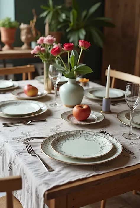 Table with Stitch plates and other accessories such as cutlery and glass with the Stitch tablecloth