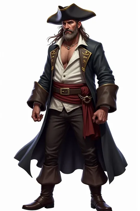 An male pirate standing, full body, black boots, white background, League of legends style