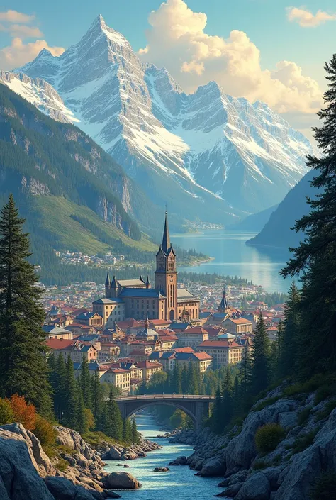 (photorealism:1.2), banner of  Finnish city located on mountains of finland , intricate details, by Greg Rutkowski, by Alphonse Mucha