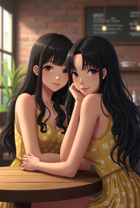 "A 2 woman with long black hair, wearing a yellow floral dress, sitting at a table in a café. She smiles gently, resting her hand on her chin while looking directly at the camera. The soft and warm lighting creates a relaxed and inviting atmosphere. The ba...