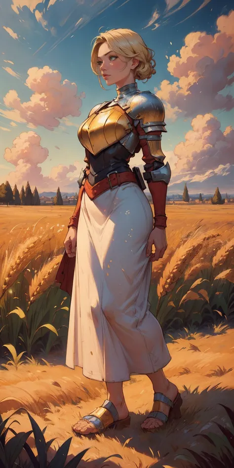 stunning painting of a knight with blonde hair, wheat field, epic clouds ((painterly)) ((impressionist)) vibrant, soft edges (((warm glow))) full body whole body view from below 1sologirl, feet together