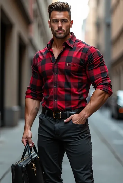 handsome attractive man, muscular in casual clothing, Spectacular fashion red plaid oxford shirt, burly bodybuilder, close up, with a briefcase in his hand on the street 