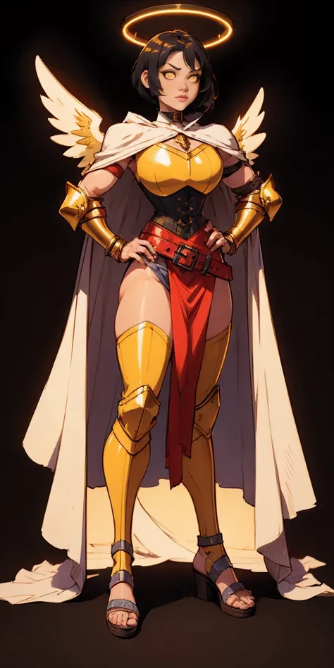 (Black background) paladin lady in ornate golden armor, black collar, pauldrons, breastplate, leather corset, glowing halo, short bob hair style, yellow glowing eyes, bright pupils, eye focus, red cape (full body, whole body, 1solo girl) fighter, loincloth...