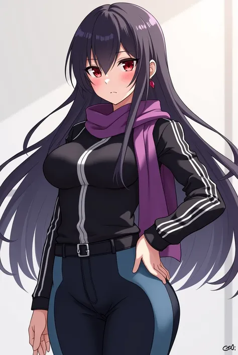 Create a 2d anime style animated girl with a semi big butt and tits that has a purple scarf with a normal black blouse with white stripes and black and blue pants with red eyes and a very serious look and long hair 