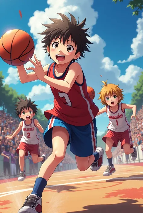 Animated anime characters playing basketball