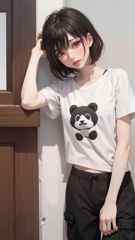 Change, Ultra-thin, Ultra-thin body, black hair, Dark circles, Brown eyes, bored expression, Panda Bear T-shirt, Black and white cargo pants, ((High resolution)), ((high quality)), tired expression , anaemia, depressed