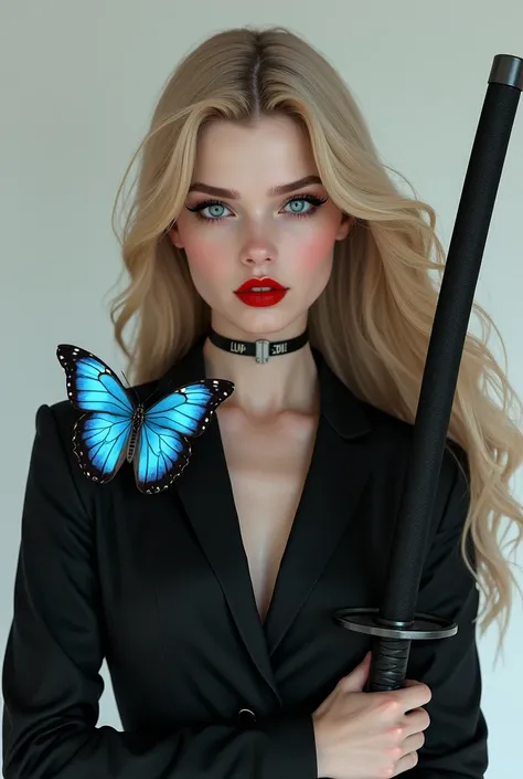 photo realistic high quality beautiful teenage girl long blonde hair blue eyes red lips dark makeup wearing a black suit holding katana azure butterfly 