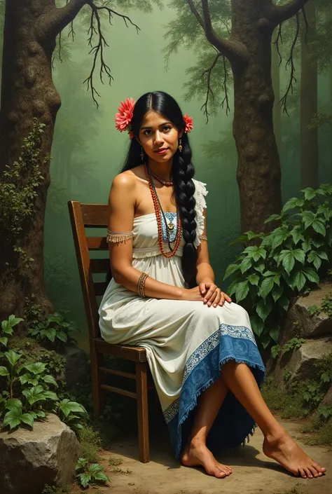 In a hyperrealistic painting, a green forest with lots of bushes, with thick trees, covered with plants and tall bushes, with rocks, A young woman with native features looking at the camera, sits gracefully facing forward, barefoot, on a chair, She wears a...