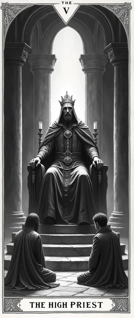 Illustrates the High Priest card based on the Rider Waite Smith Tarot.
The new illustration must be in charcoal pencil technique.
This image must contain the High Priest, and two initiates must appear kneeling in front of the high priest.
Include the name ...