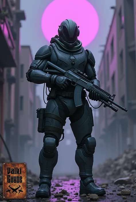 Futuristic soldier with a black and green exoskeleton, equipped with a mythical ak117, It is located on a destroyed urban street, under the light of a purple moon. The soldier around him has things characteristic of cod Mobile, add the logo too and In the ...