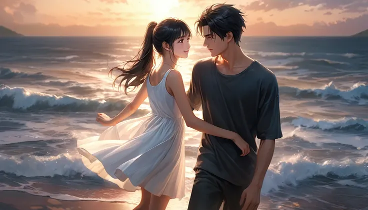  Digital Art, 8k, Octane Rendering, masterpiece,Best Quality, Realistic, Physically Based Rendering, (Golden Ratio), Anime Couples,Youth 1 person, 1 girl, Affectionate, Detailed Hair, Detailed face, Fine grain, A young man with short black hair, Brown-eyed...