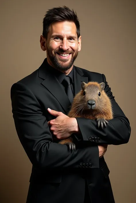 Messi in black suit, smiling , Carrying a capybara in his arms 