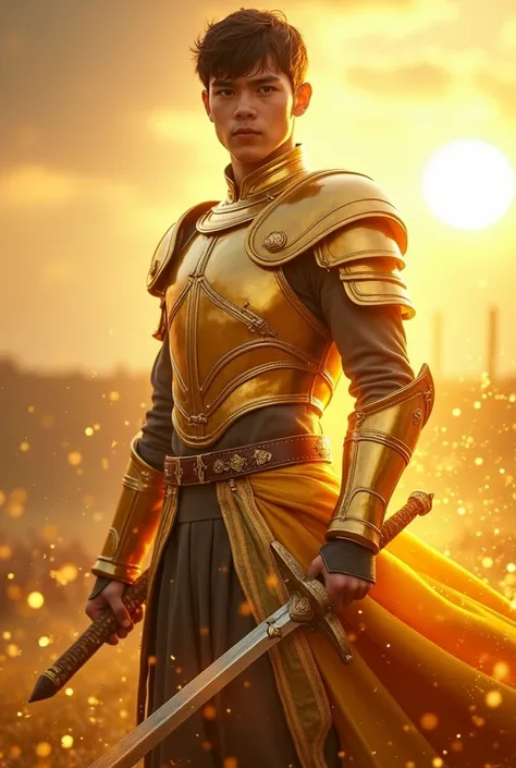 Young man with short hair (Traditional) (White skin) Holding a book(gold), The right hand holds a sword and wears a tight-fitting armor., เกราะสีgoldเรืองแสง, ((Glow Armor)) and Traditional white (Doti). Full-body shot on the battlefield. The sun is behind...